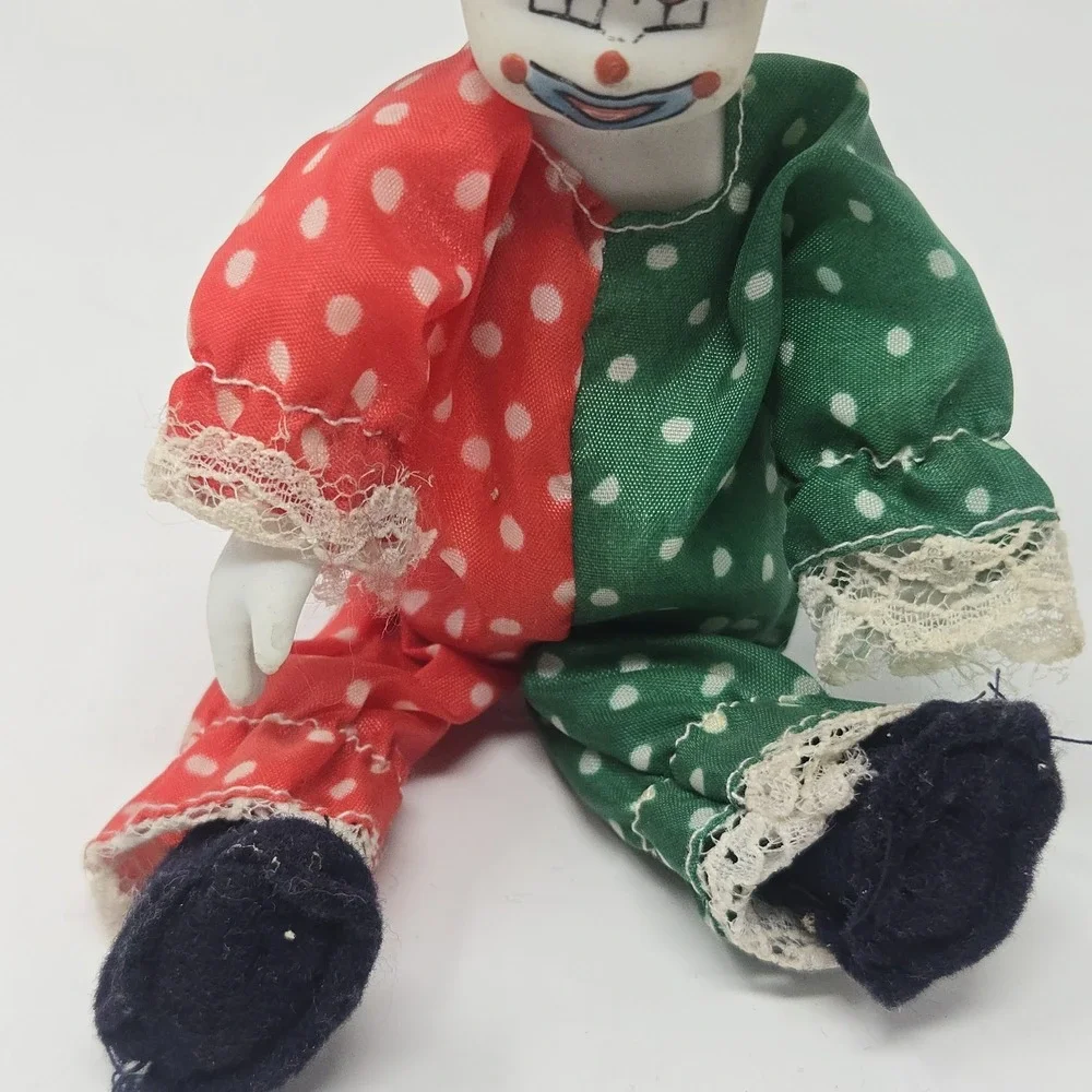 Vintage Bisque Porcelain Head Clown Doll Harlequin Red Green Polka Dot Outfit